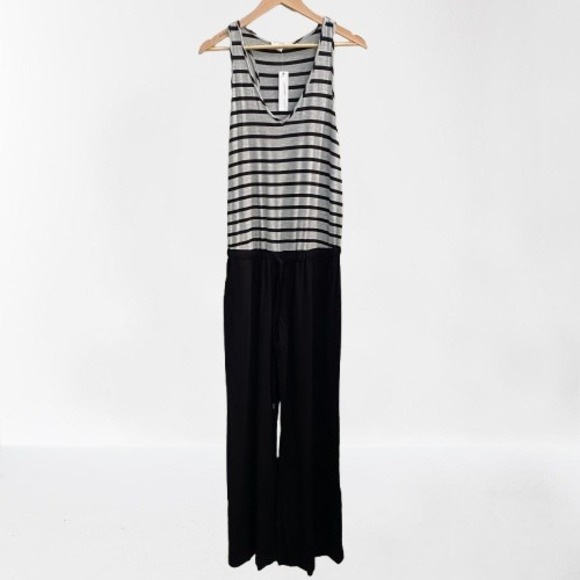 DREW Pants - NEW Drew Anthropologie Striped Sleeveless Jumpsuit Wide Leg Grey Black Small